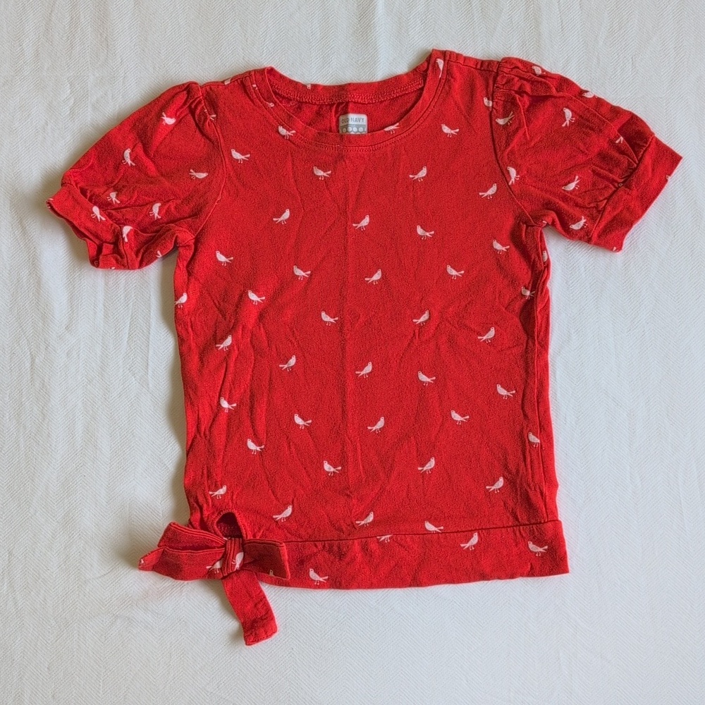 old navy bird print orange puff sleeve cotton t-shirt with tie 3T toddler girls